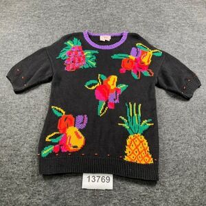 Pronto Moda Sweater Women Large Black Excellent Vintage Hand Knit Fruit Tropical